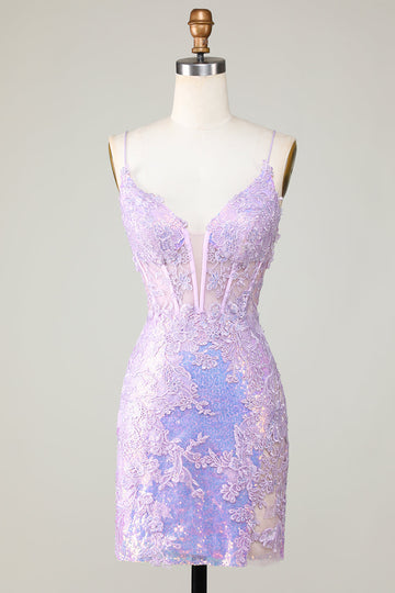 Bling Bodycon Spaghetti Straps Corsé púrpura Vestido de bienvenida con espalda entrecruzada